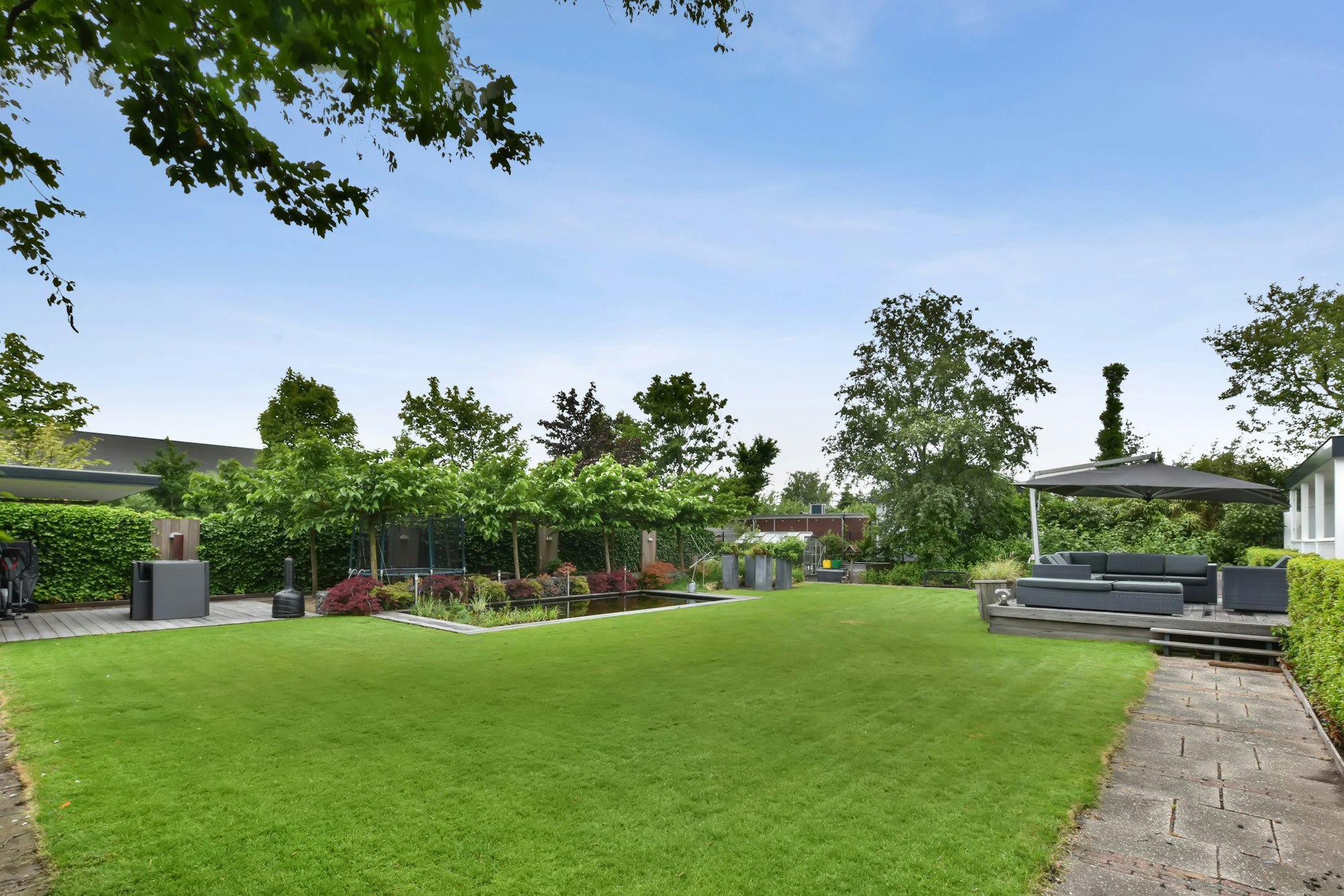 The backyard of the house with a large green lawn