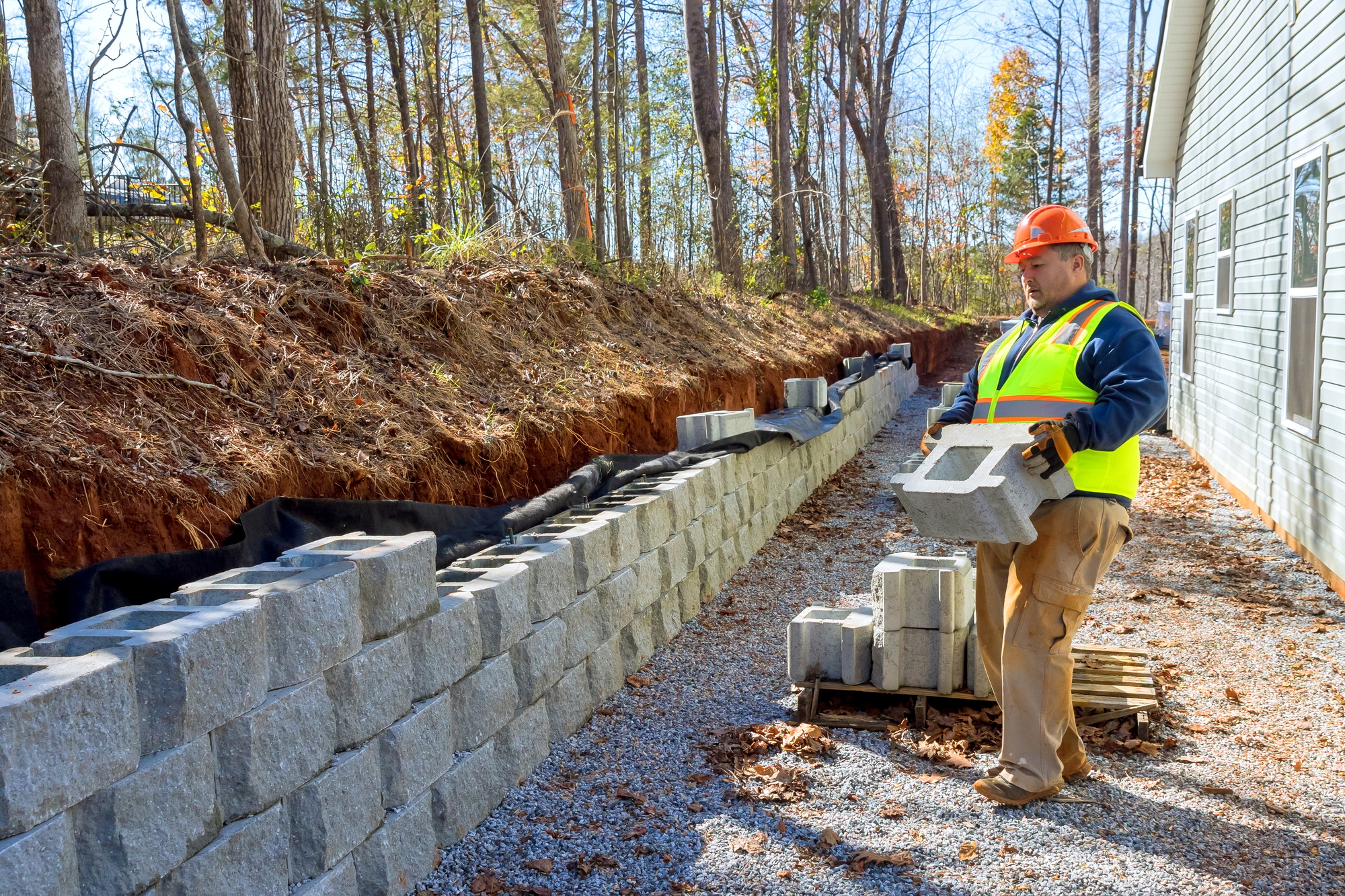 Contractor installed mounted concrete block retaining a walls